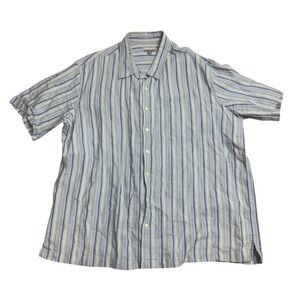 Breakwater Men Short Sleeve Button Down Shirt XL Blue Striped 100% Linen Classic